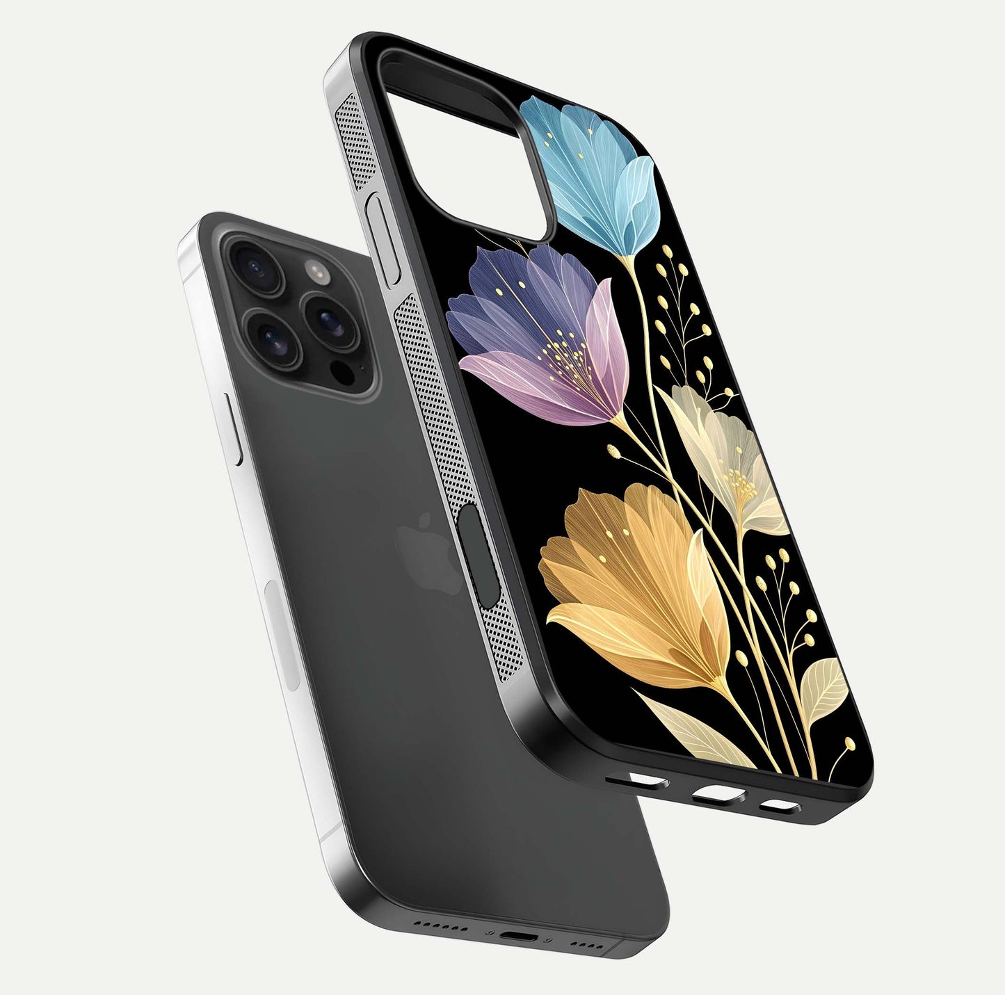 Flower Bloom Glow Glass Case for iPhone 16 Pro Max floating mockup showing HD shine and artistic detail