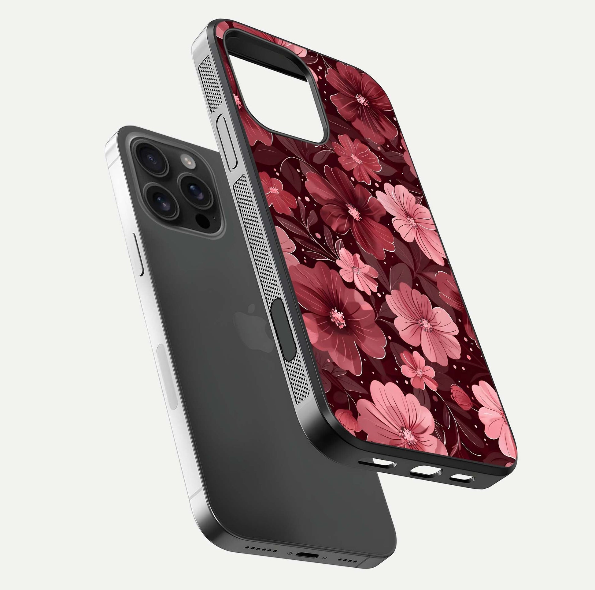 Flower Blush Bloom Glass Case for iPhone 16 Pro Max floating mockup showing shine polish and elegant look