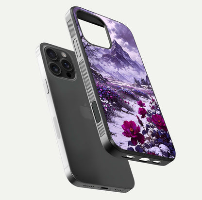 Flower Mountain View Glass Case for iPhone 16 Pro Max floating mockup showing reflection glow and artistic clarity