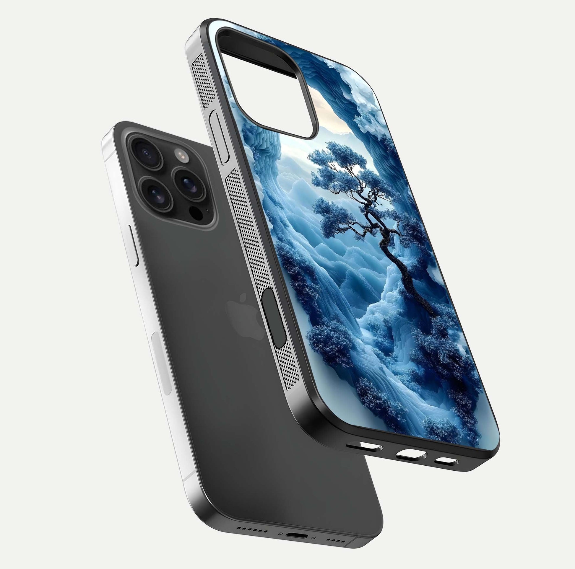 Frozen Serenity Gate Glass Case for iPhone 16 Pro Max floating mockup showing glossy depth and crystal glow