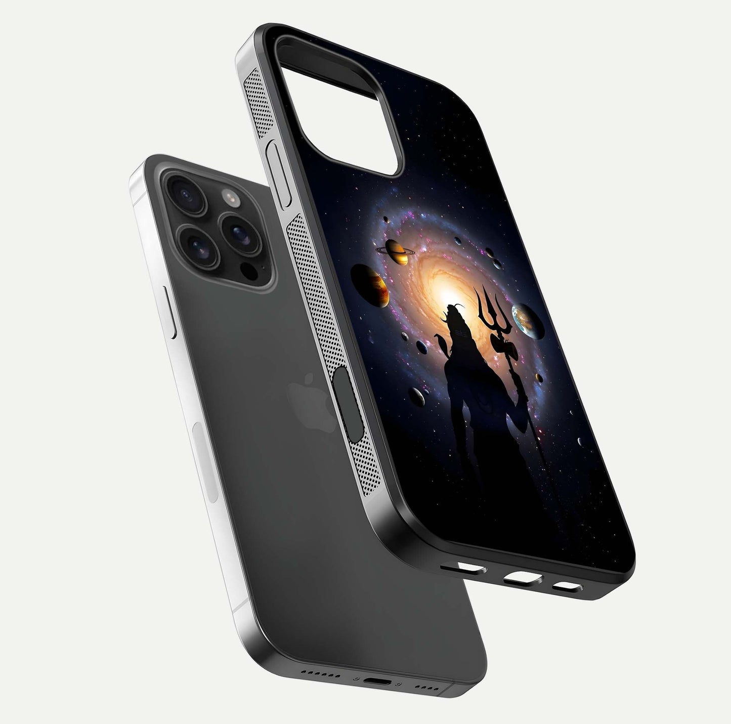 Galactic Shiva Vision Glass Case for iPhone 16 Pro Max floating dual-view mockup displaying vibrant cosmic colors and smooth gloss texture