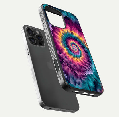 Galactic Spiral Burst Glass Case for iPhone 16 Pro Max floating dual-view mockup displaying light trails and smooth gloss shine