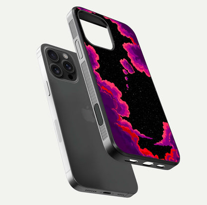 Galaxy Dream Frame Glass Case for iPhone 16 Pro Max floating dual-view mockup showing vibrant gloss and space-themed tones