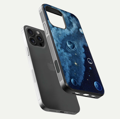 Galaxy Dream Space Glass Case for iPhone 16 Pro Max floating dual-view mockup showing glossy finish and celestial depth