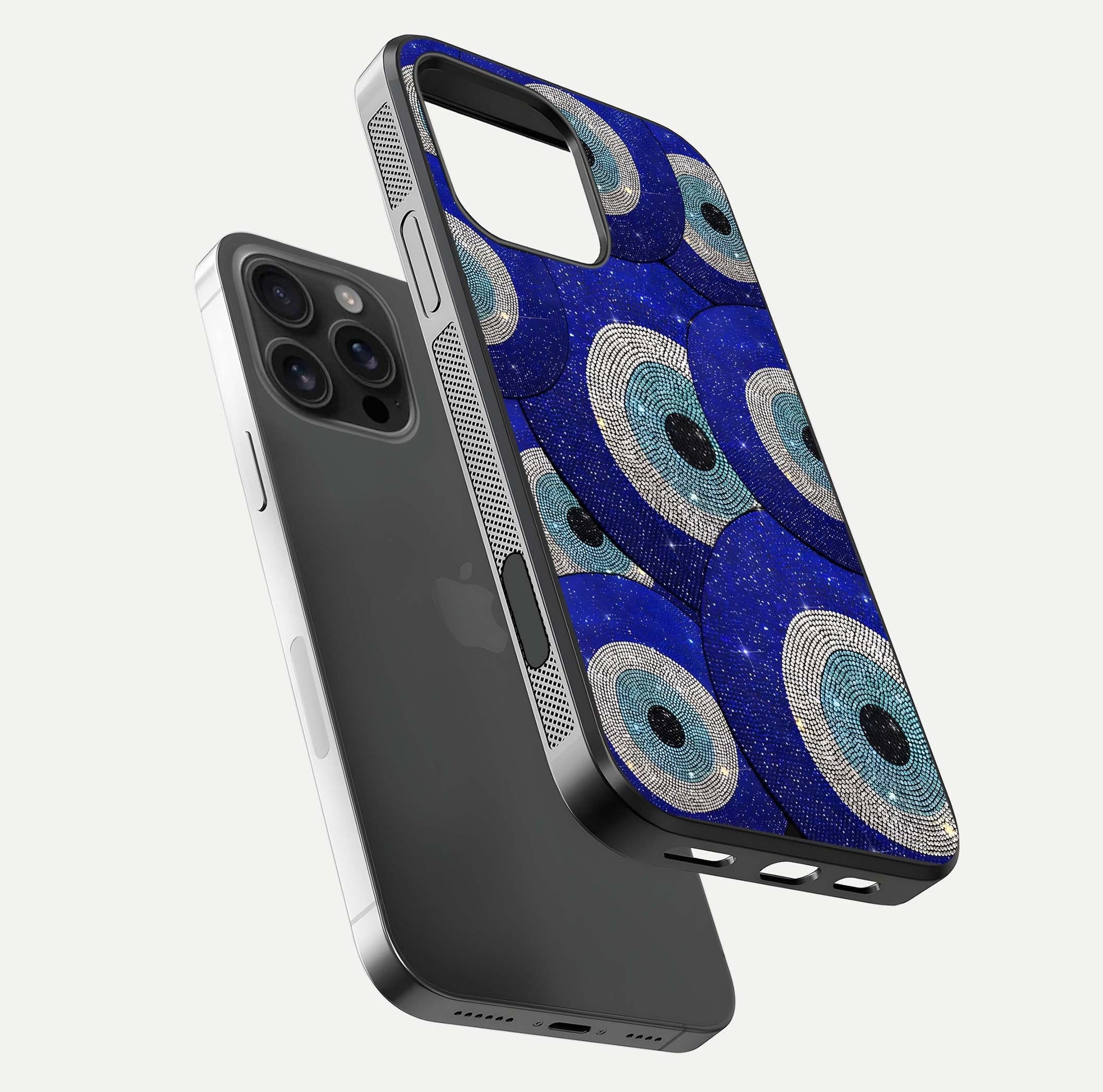 Galaxy Eye Flow Glass Case for iPhone 16 Pro Max floating dual-view mockup showing gloss polish and glowing tones
