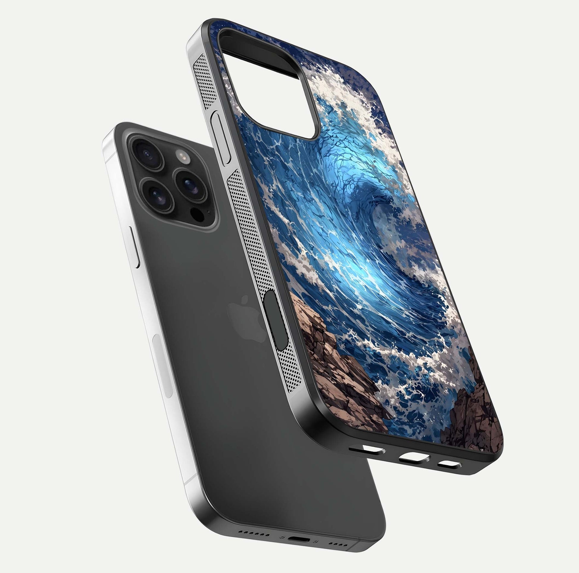 Giant Ocean Wave Glass Case for iPhone 16 Pro Max floating dual-view mockup showing glossy depth and aquatic blue gradient