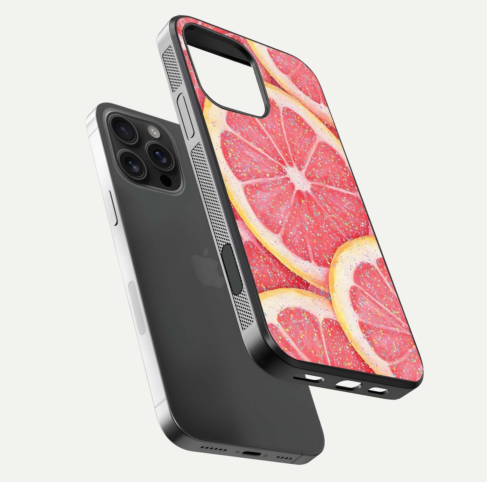 Glitter Grapefruit Glass Case for iPhone 16 Pro Max floating dual-view mockup showing HD gloss and fresh color detail