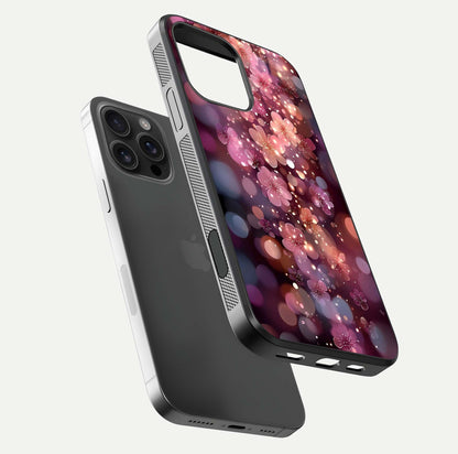 Glowing Petal Bliss Glass Case for iPhone 16 Pro Max floating dual-view mockup showing gloss brightness and delicate tone