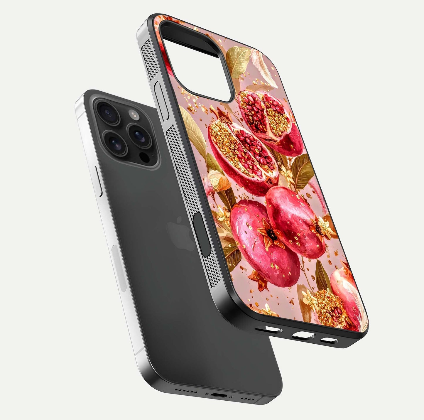 Golden Bloom Glow Glass Case for iPhone 16 Pro Max floating dual-view mockup showing glossy shine and golden shimmer