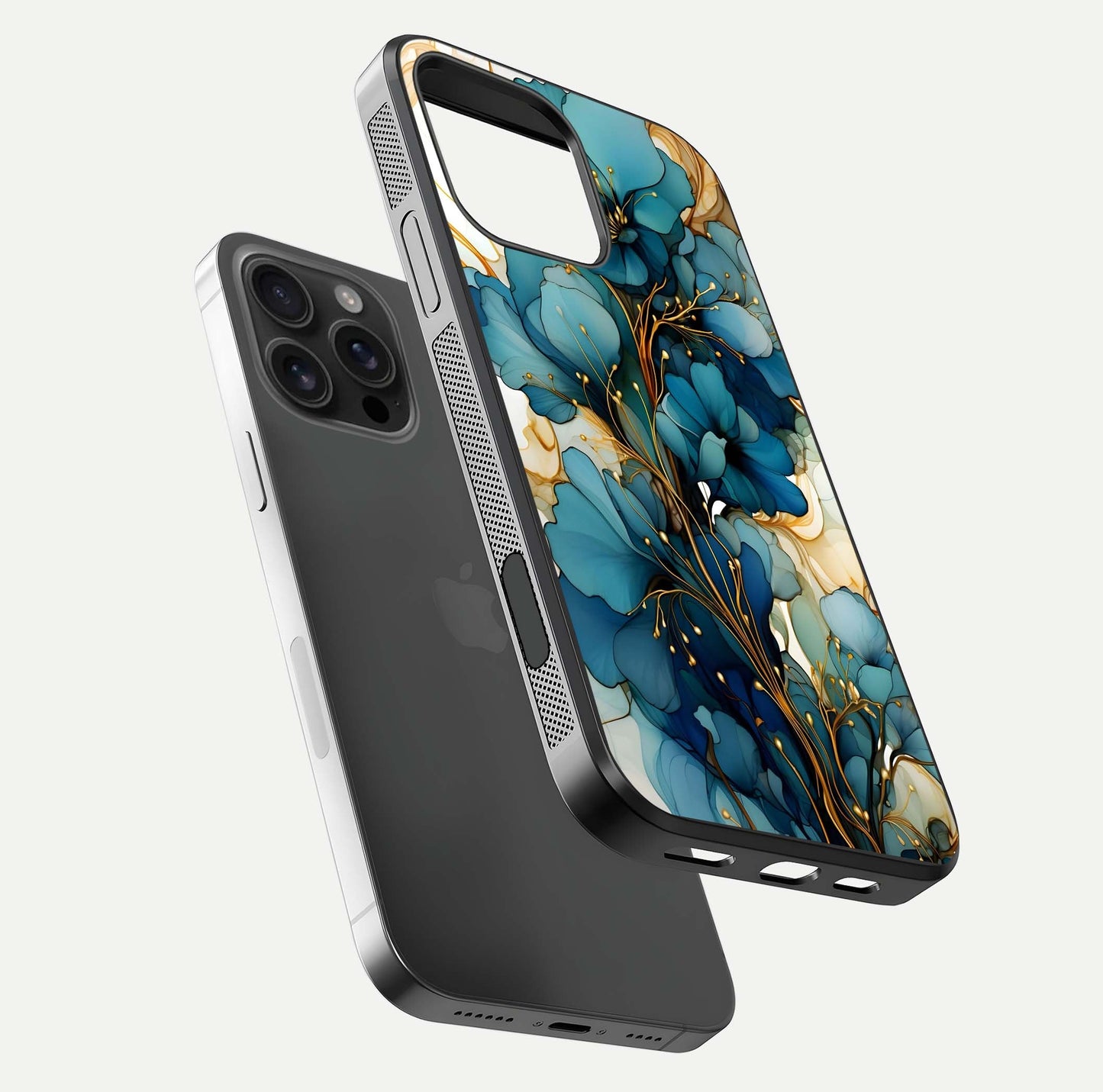 Golden Bloom Symphony Glass Case for iPhone 16 Pro Max floating dual-view mockup displaying shine texture and luxury pattern