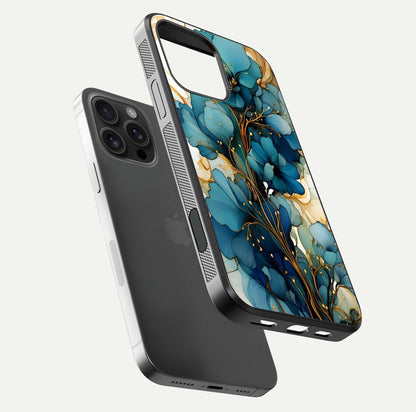 Golden Bloom Symphony Glass Case for iPhone 16 Pro Max floating dual-view mockup displaying shine texture and luxury pattern