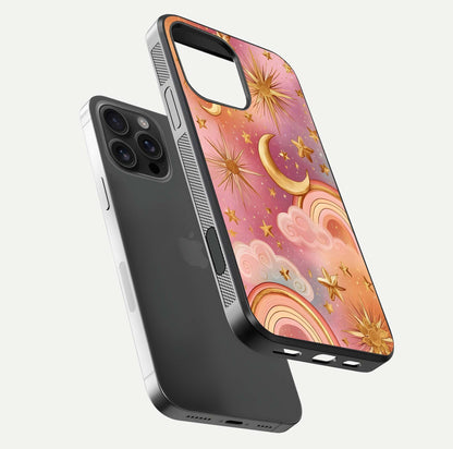 Golden Celestial Dreams Glass Case for iPhone 16 Pro Max floating dual-view mockup showing gloss surface and dream-like glow