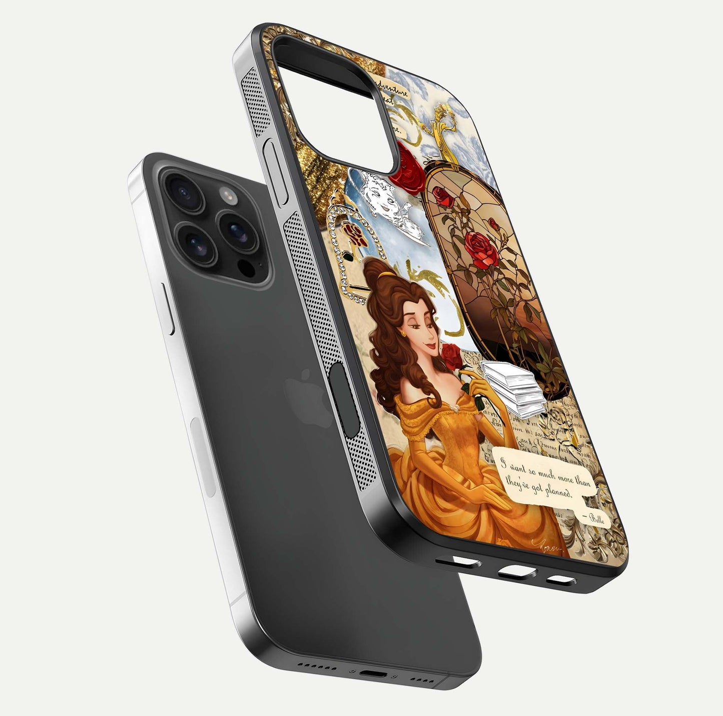 Golden Dream Belle Glass Case for iPhone 16 Pro Max floating dual-view mockup highlighting gloss texture and elegant shimmer