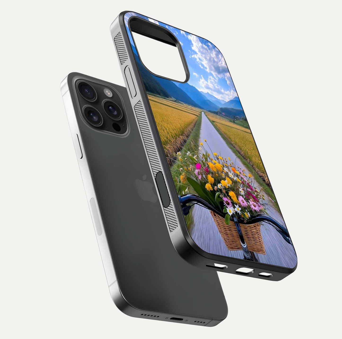 Golden Field Journey Glass Case for iPhone 16 Pro Max floating dual-view mockup showing gloss surface and field depth