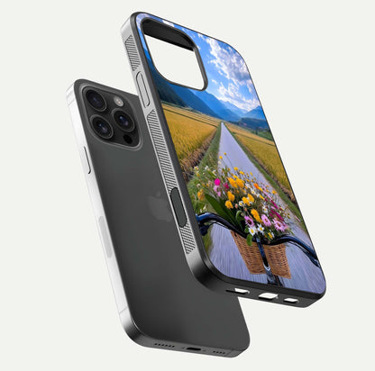 Golden Field Journey Glass Case for iPhone 16 Pro Max floating dual-view mockup showing gloss surface and field depth
