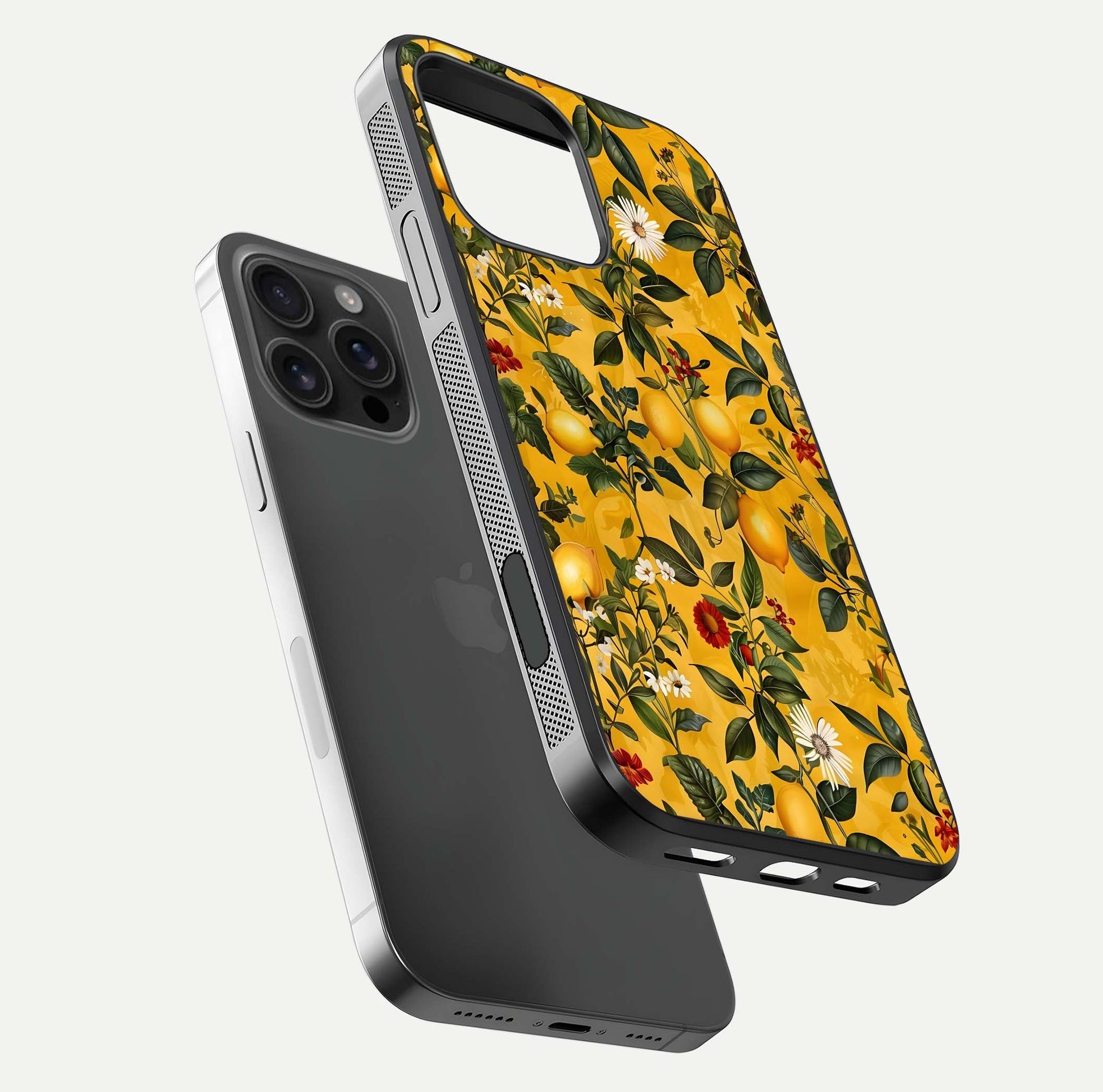 Golden Lemon Field Glass Case for iPhone 16 Pro Max floating dual-view mockup showing gloss shine and yellow-gold palette