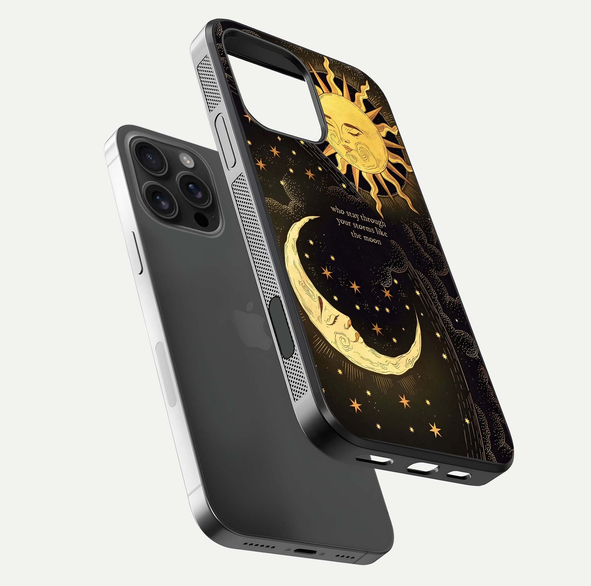 Golden Lunar Love Glass Case for iPhone 16 Pro Max floating dual-view mockup showing glossy glow and romantic theme