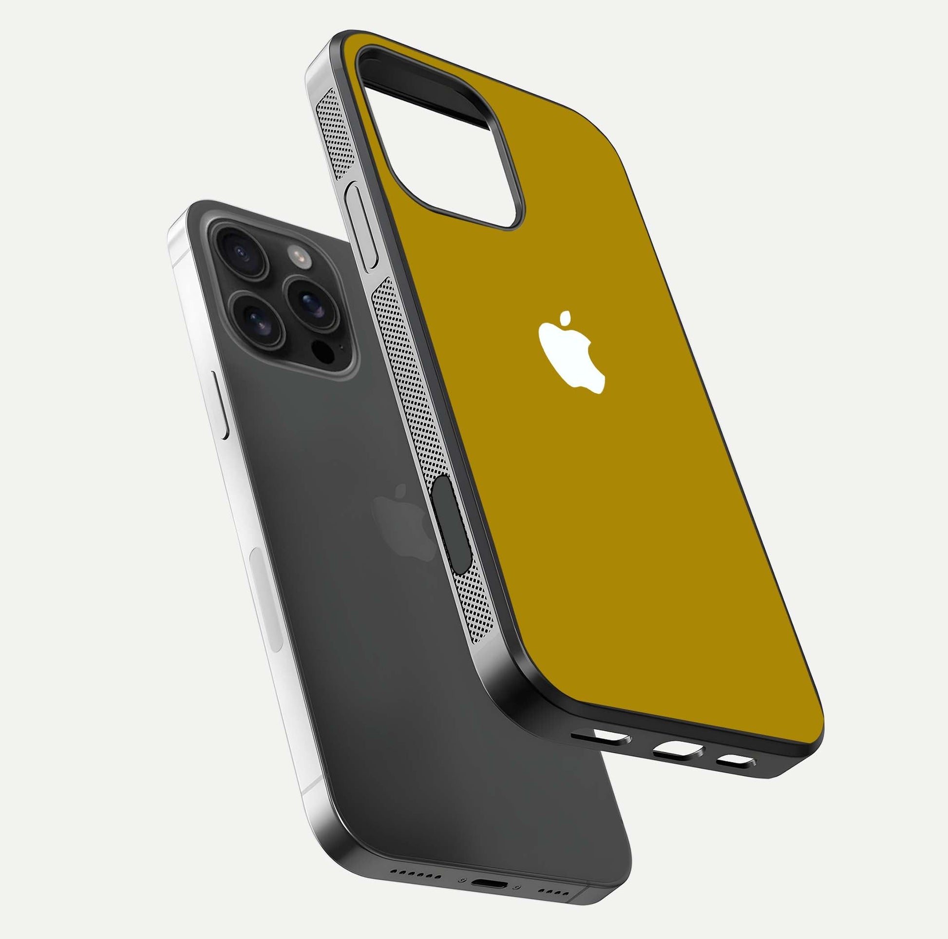 Golden Luxe Aura Glass Case for iPhone 16 Pro Max floating dual-view mockup showing glossy texture and elegant gold gradient
