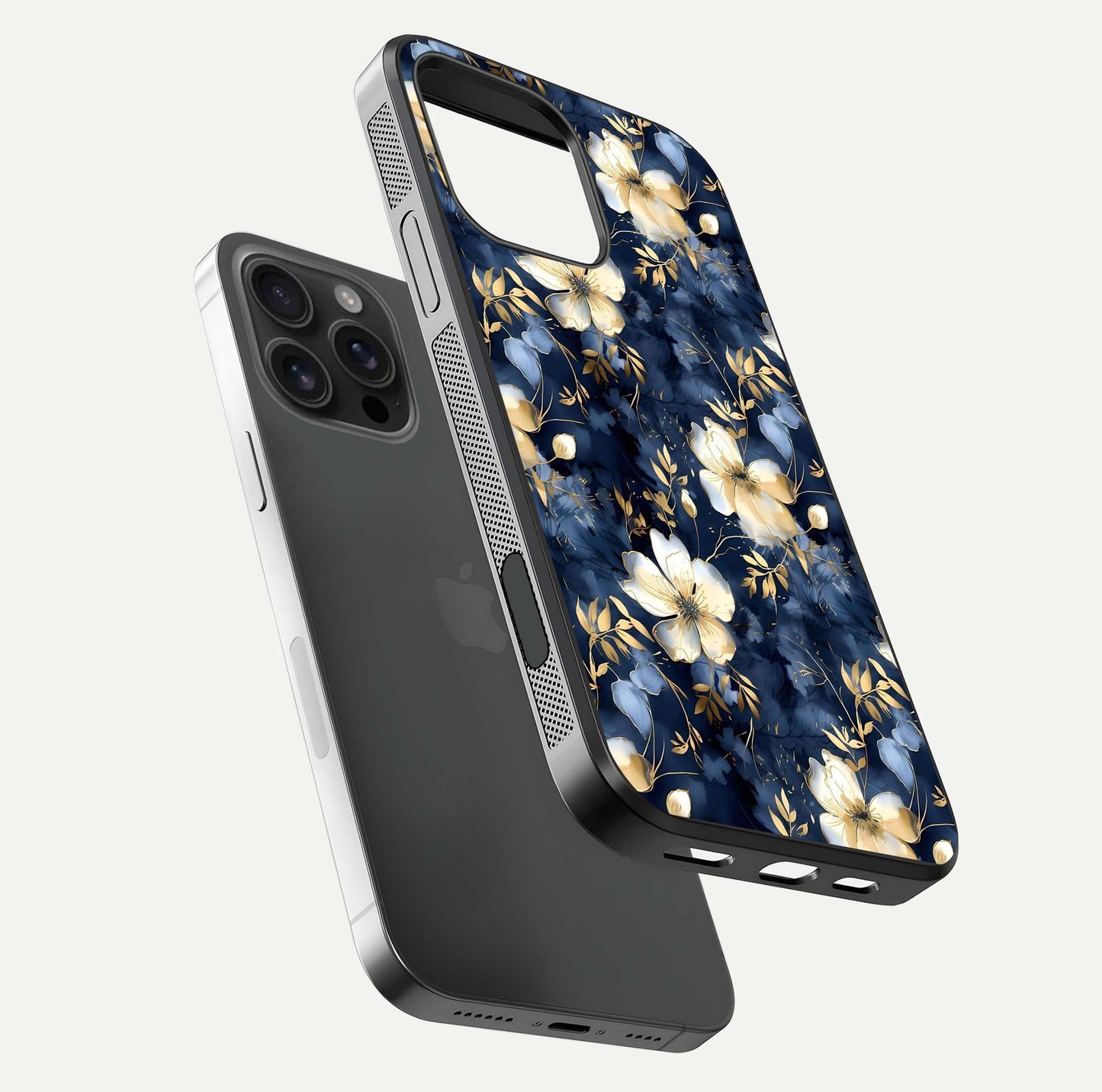Golden Midnight Bloom Glass Case for iPhone 16 Pro Max floating dual-view mockup showing gloss polish and metallic reflection