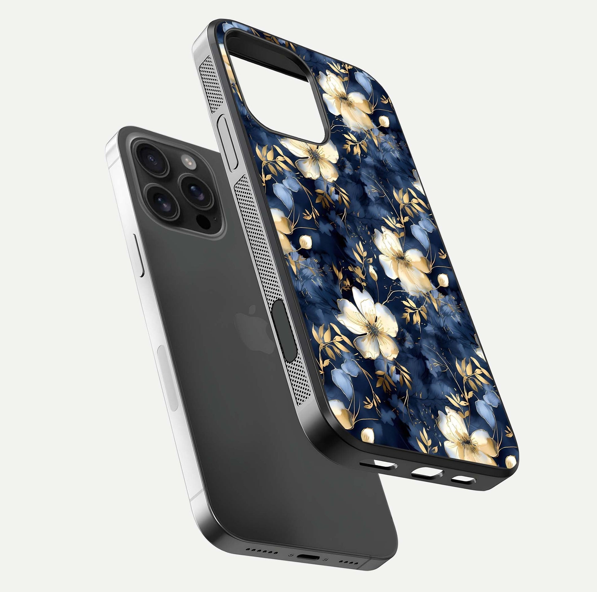 Golden Midnight Bloom Glass Case for iPhone 16 Pro Max floating dual-view mockup showing gloss polish and metallic reflection