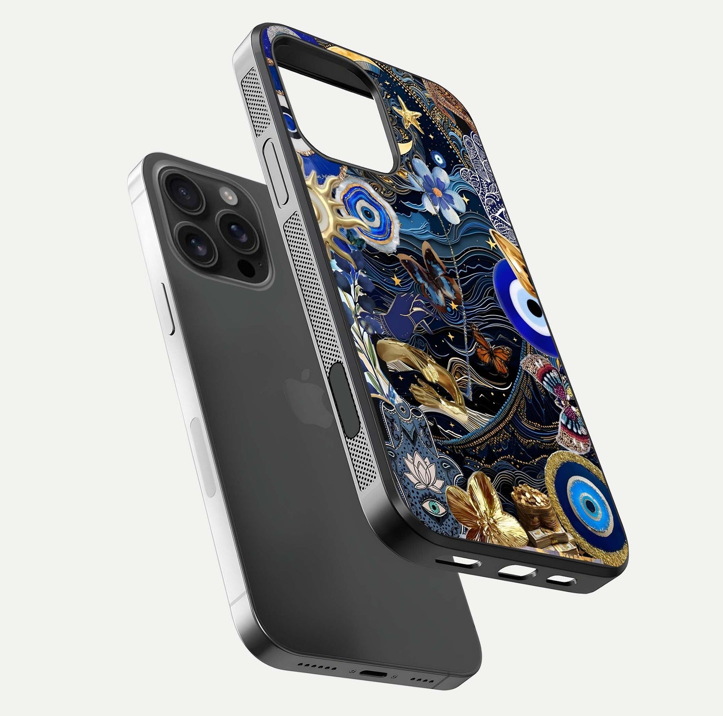 Golden Moon Magic Glass Case for iPhone 16 Pro Max floating dual-view mockup showing gloss texture and golden illumination