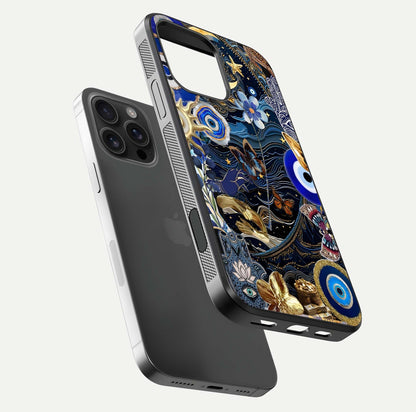 Golden Moon Magic Glass Case for iPhone 16 Pro Max floating dual-view mockup showing gloss texture and golden illumination