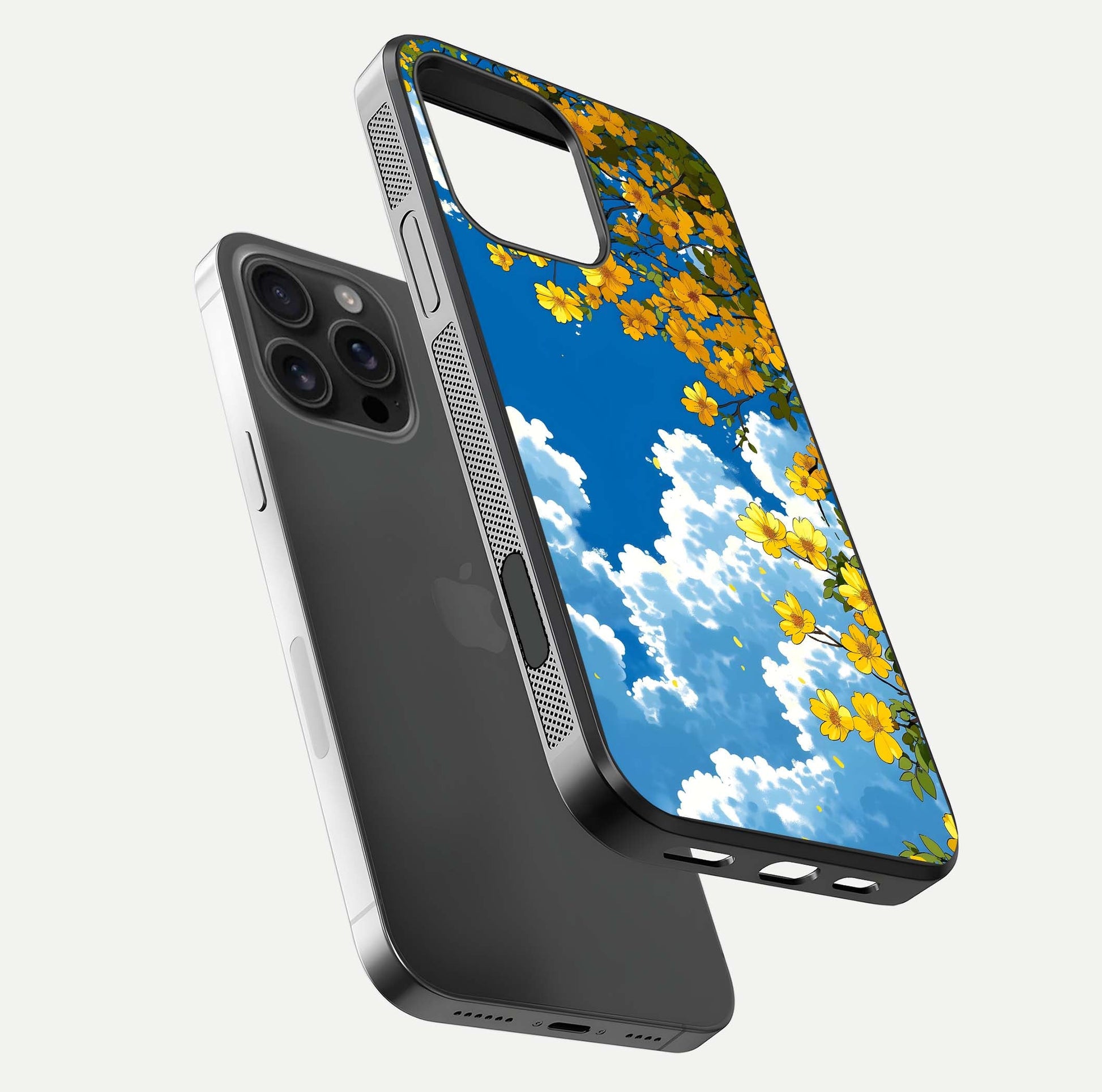 Golden Petal Sky Glass Case for iPhone 16 Pro Max floating dual-view mockup showing gloss brilliance and gold detail