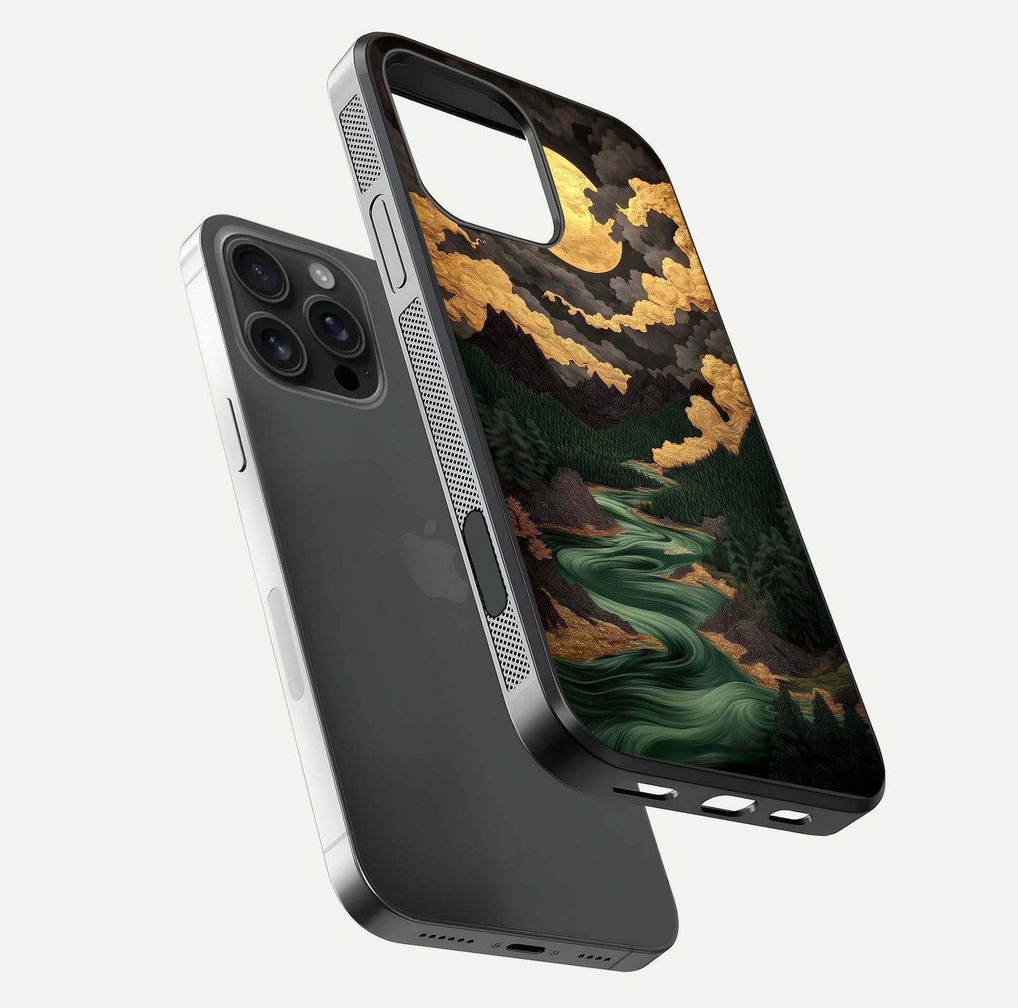Golden River Moon Glass Case for iPhone 16 Pro Max floating dual-view mockup showing gloss surface and luxury tone