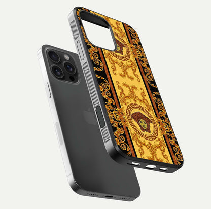 Golden Royal Heritage Glass Case for iPhone 16 Pro Max floating dual-view mockup showing glossy surface and rich regal tone