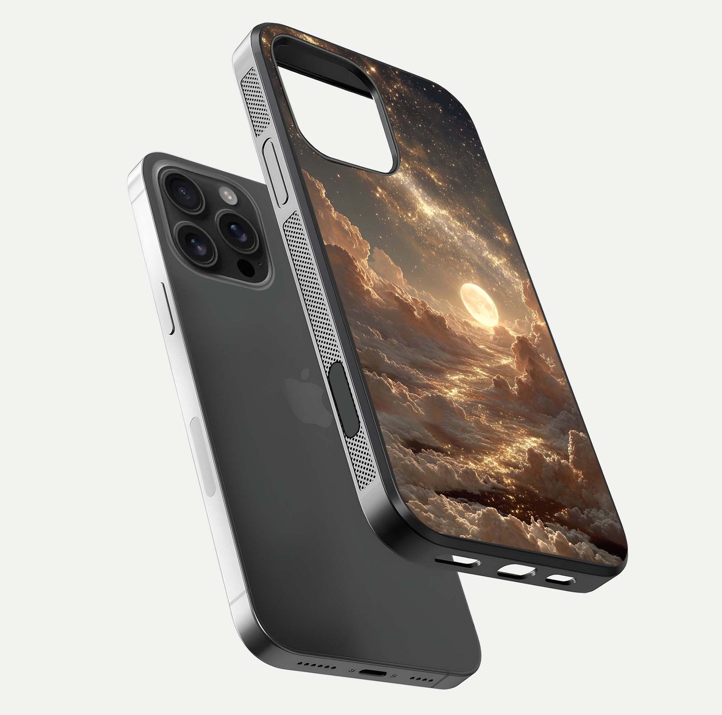 Golden Sky Dream Glass Case for iPhone 16 Pro Max floating dual-view mockup showing gloss depth and elegant finish