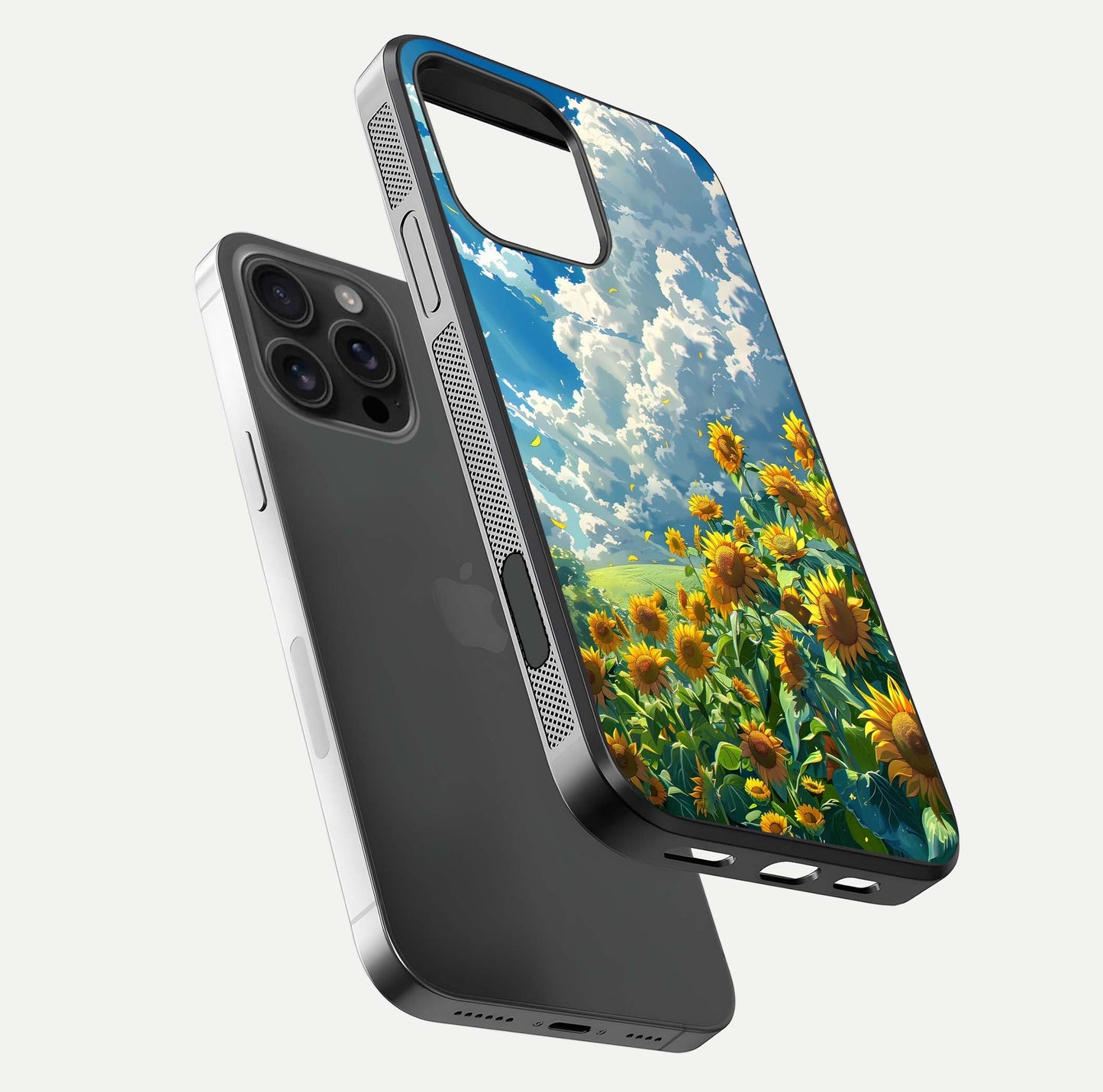 Golden Sun Glory Glass Case for iPhone 16 Pro Max floating dual-view mockup showing gloss shine and premium surface