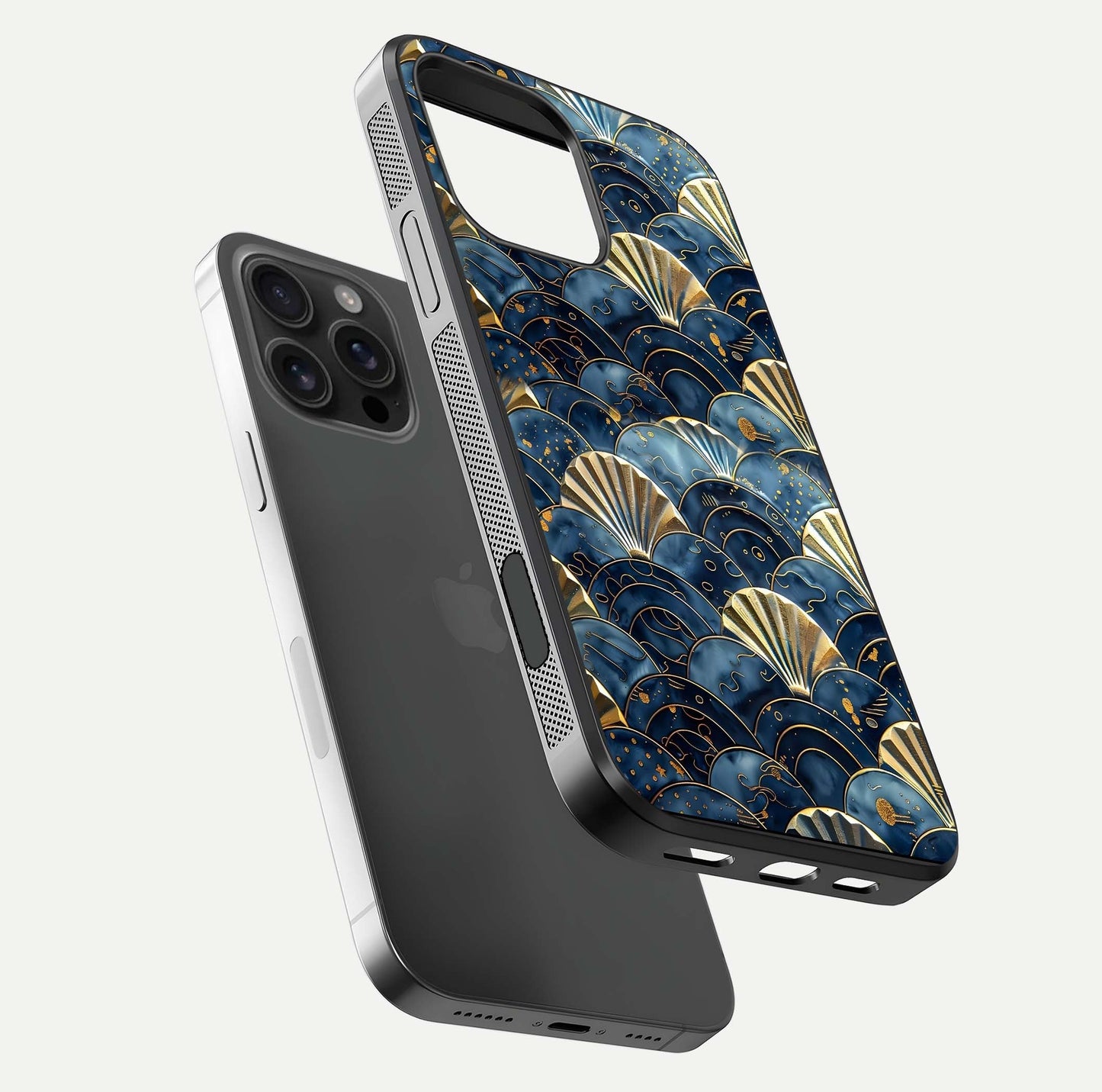 Golden Wave Luxe Glass Case for iPhone 16 Pro Max floating dual-view mockup showing gloss surface and shimmering tones