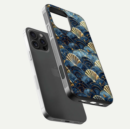 Golden Wave Luxe Glass Case for iPhone 16 Pro Max floating dual-view mockup showing gloss surface and shimmering tones