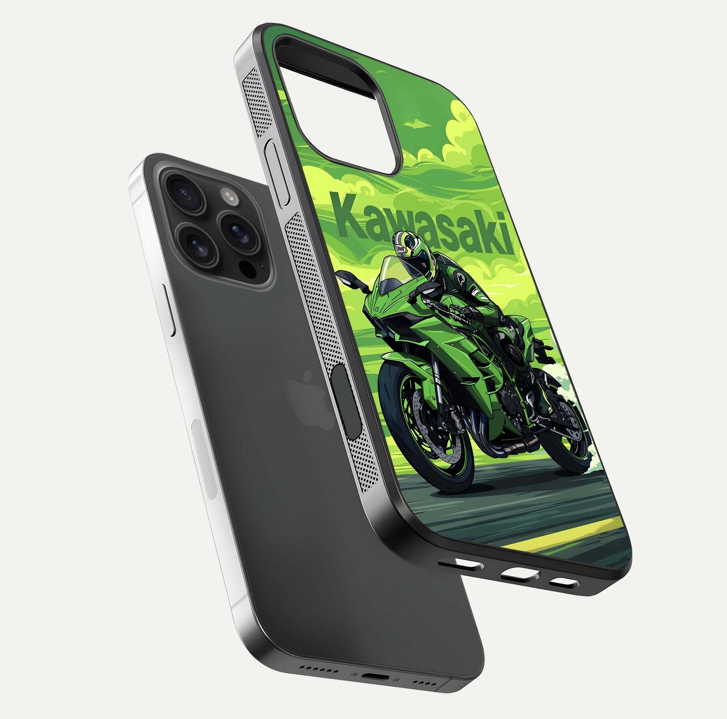 Green Kawasaki Glass Case for iPhone 16 Pro Max floating dual-view mockup showing gloss surface and power-bike theme