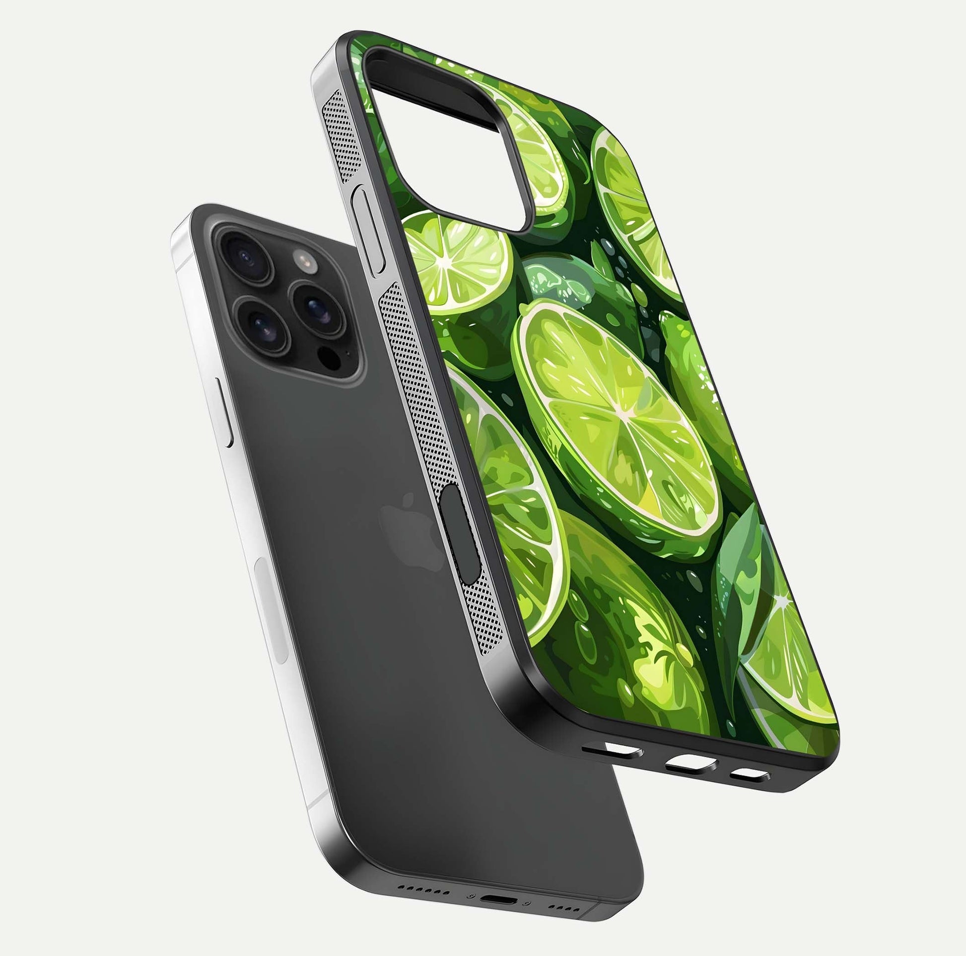 Green Lemon Glass Case for iPhone 16 Pro Max floating dual-view mockup showing glossy surface and fruity freshness