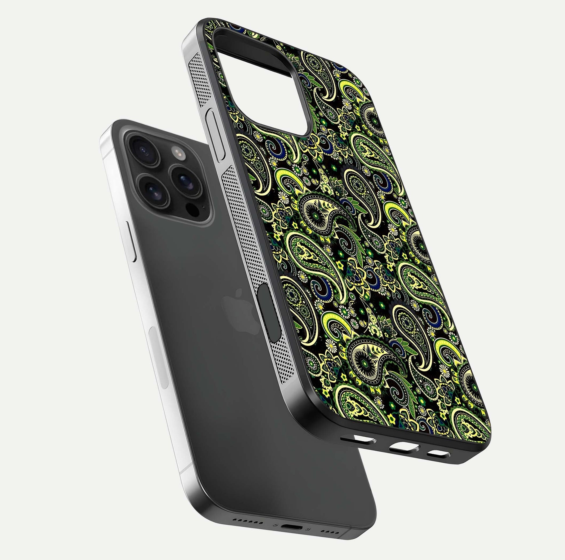 Green Mandala Pattern Glass Case for iPhone 16 Pro Max floating dual-view mockup showing gloss texture and symmetry shine