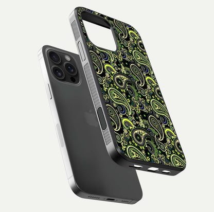 Green Mandala Pattern Glass Case for iPhone 16 Pro Max floating dual-view mockup showing gloss texture and symmetry shine