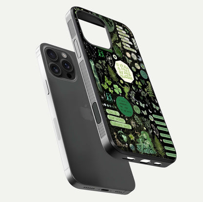 Green Moon Energy Glass Case for iPhone 16 Pro Max floating dual-view mockup showing glossy texture and energy aura