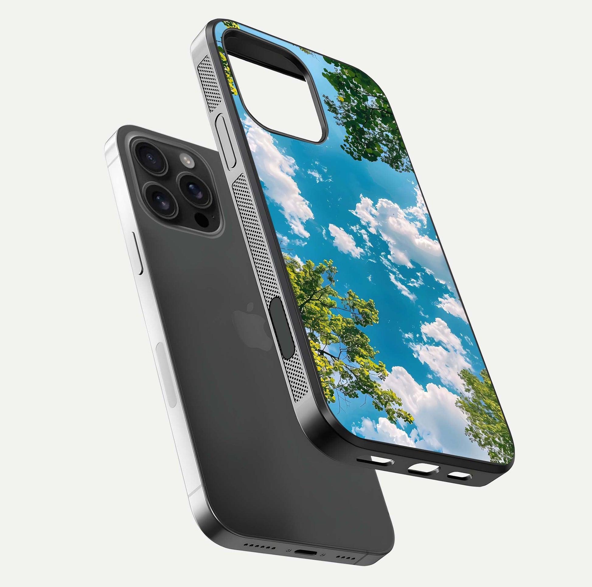 Greenery Sky Glass Case for iPhone 16 Pro Max floating dual-view mockup showing glossy shine and soft natural tones