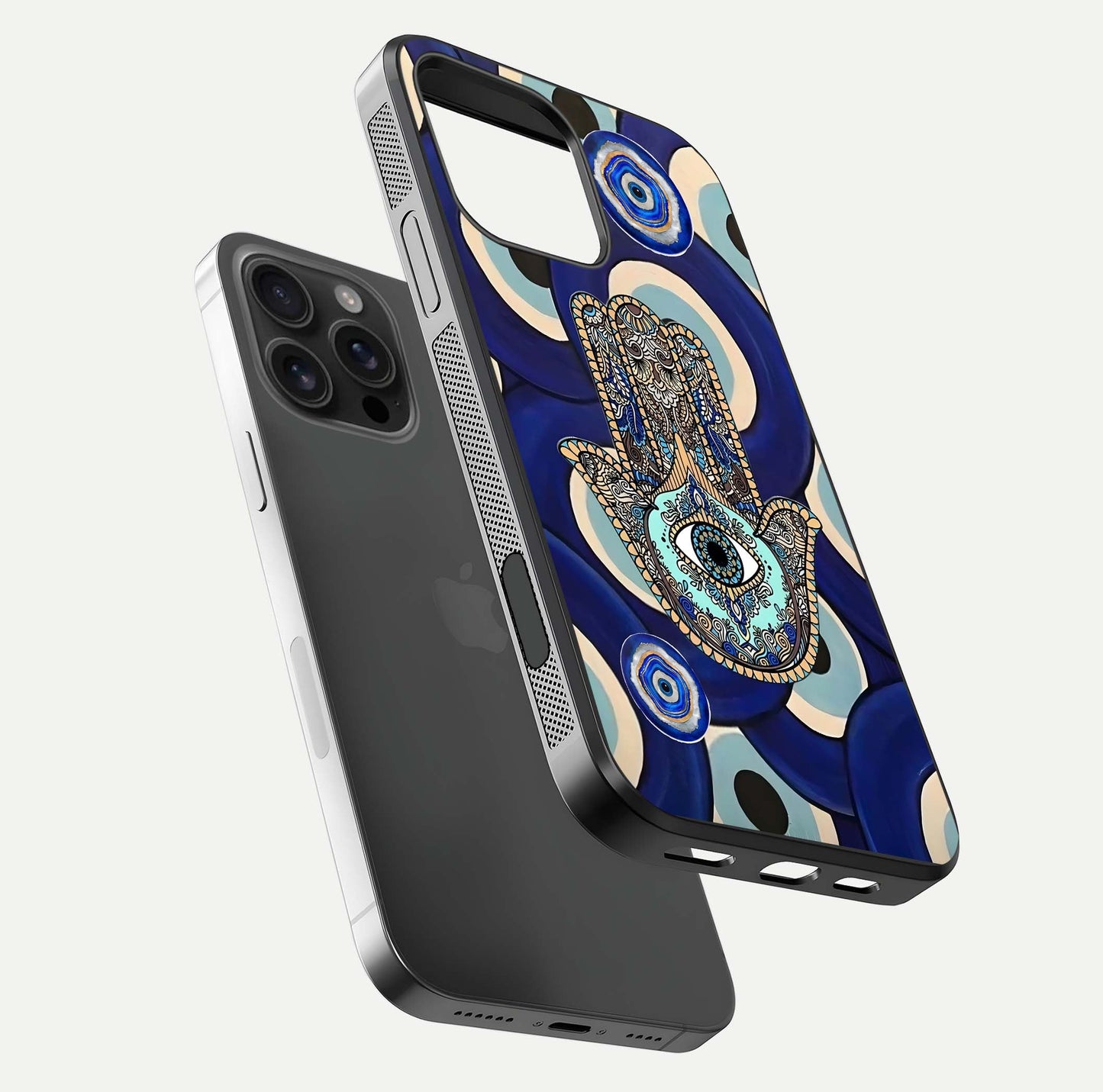 Hamsa Divine Guard Glass Case for iPhone 16 Pro Max floating dual-view mockup showing gloss shine and mystical pattern