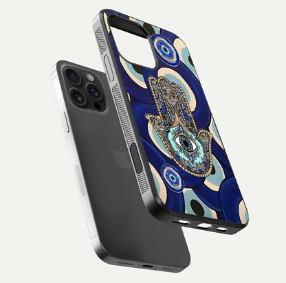 Hamsa Divine Guard Glass Case for iPhone 16 Pro Max floating dual-view mockup showing gloss shine and mystical pattern