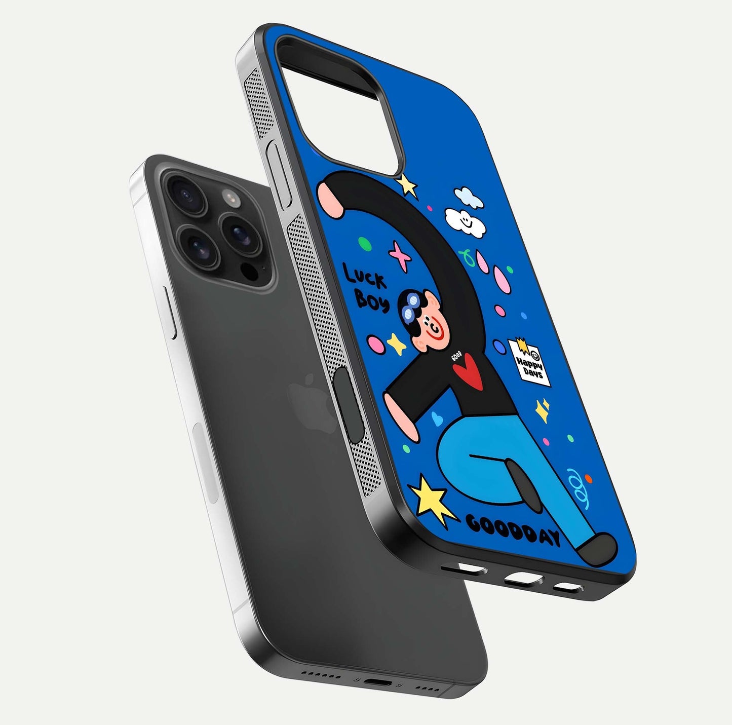 Happy Luck Vibe Glass Case for iPhone 16 Pro Max floating dual-view mockup showing glossy tone and bright finish