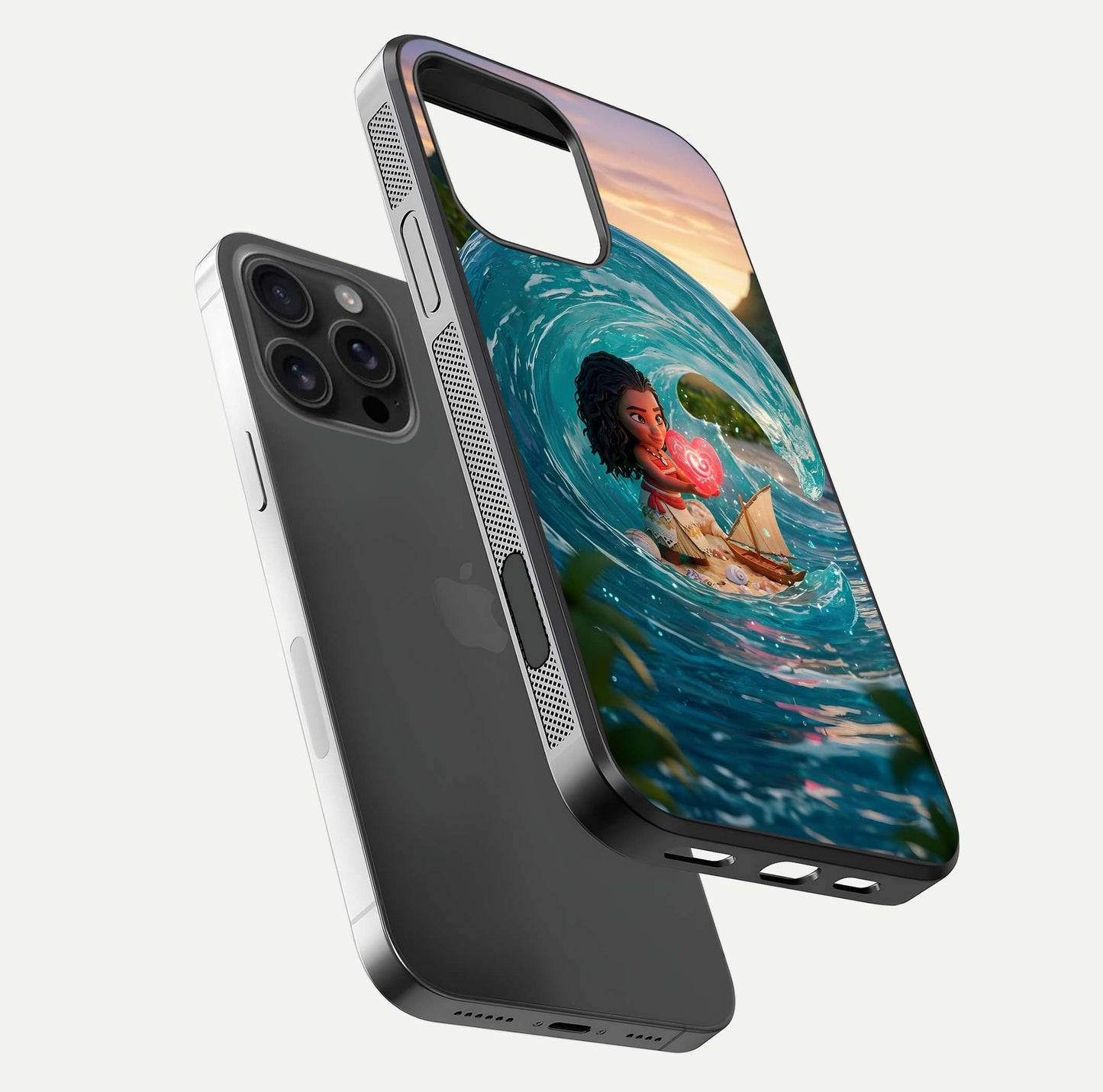 Heart of Ocean Glass Case for iPhone 16 Pro Max floating dual-view mockup showing gloss surface and aquatic design