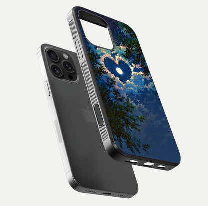 Heart with Moon Sky Glass Case for iPhone 16 Pro Max floating dual-view mockup showing gloss texture and romantic sky glow