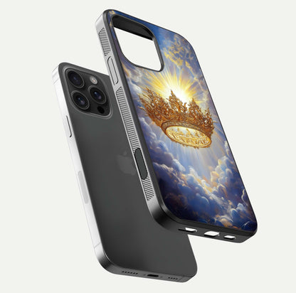 Heavenly Crown Light Glass Case for iPhone 16 Pro Max floating dual-view mockup showing gloss shine and luminous crown texture