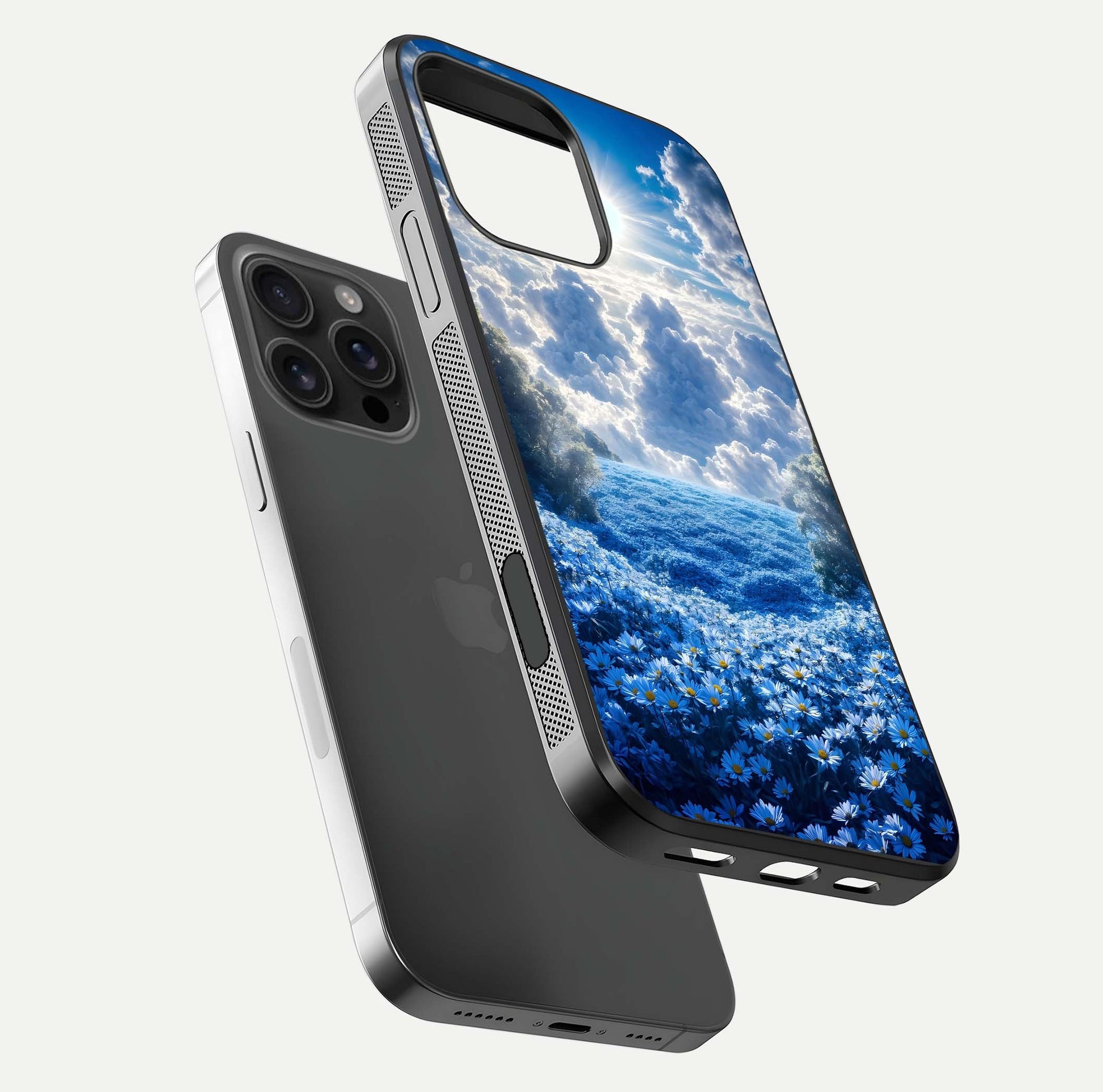 Heavenly Daisy Horizon Glass Case for iPhone 16 Pro Max floating dual-view mockup showing gloss polish and soft pastel background