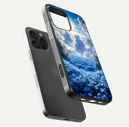 Heavenly Daisy Horizon Glass Case for iPhone 16 Pro Max floating dual-view mockup showing gloss polish and soft pastel background