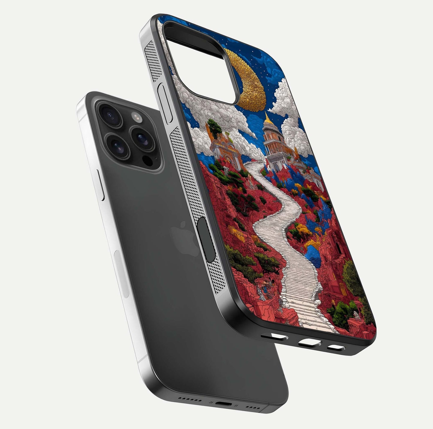 Heavenly Moon Path Glass Case for iPhone 16 Pro Max floating dual-view mockup showing gloss surface and celestial pathway