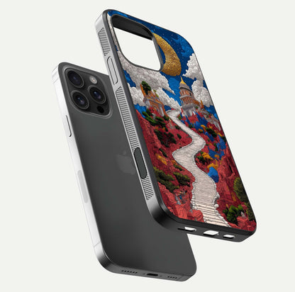 Heavenly Moon Path Glass Case for iPhone 16 Pro Max floating dual-view mockup showing gloss surface and celestial pathway