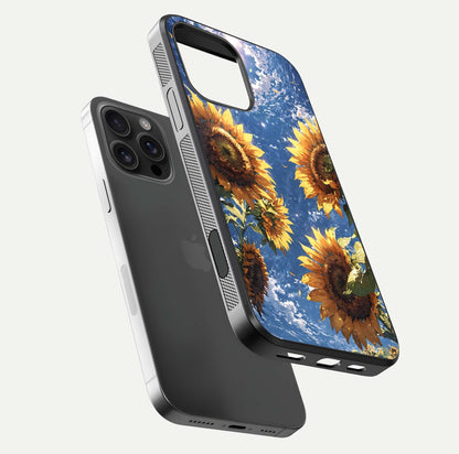 Heavenly Sunflower Rise Glass Case for iPhone 16 Pro Max floating dual-view mockup showing gloss brightness and morning-light feel